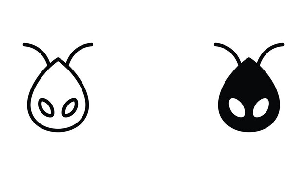 Abstract alien head silhouette icon set featuring futuristic creature design with antennae and oval eyes in black and white minimalist line and solid vector styles for sci fi art