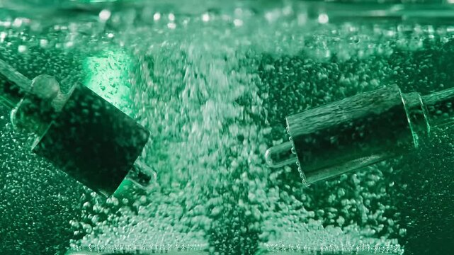 Bubbles and metallic objects submerged in green liquid, concept of innovation