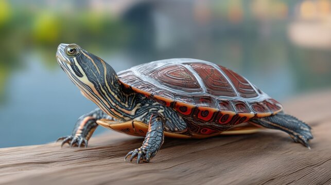 Close-up of colorful turtle resting on wooden surface near body water