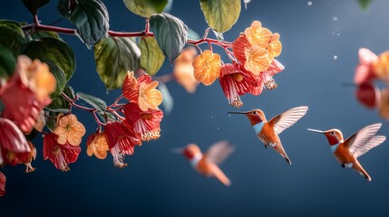 Fototapeta premium Bright hummingbird feeding on orange and red flower in natural garden setting