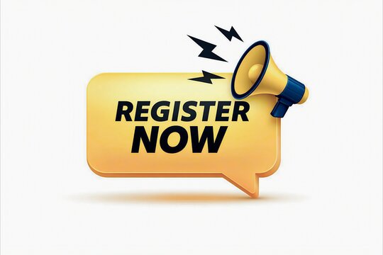 Hand holding megaphone shouting register now call to action graphic