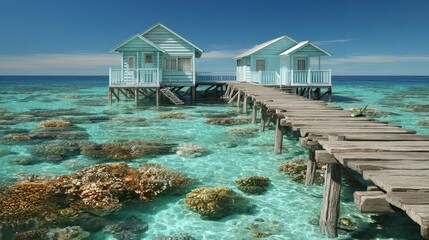 Obraz premium Tropical clear water with wooden jetty and two blue beach houses on stilts