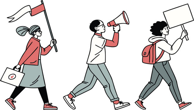 Protest march with diverse activists, people holding megaphone and blank placards, social movement demonstration vector illustration