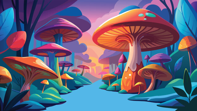 Whimsical forest path with vibrant surreal mushrooms during a colorful twilight