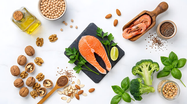 Raw Salmon Steak with Seafood Nuts and Vegetables | Healthy Keto Diet Ingredients | Flat Lay White Marble
