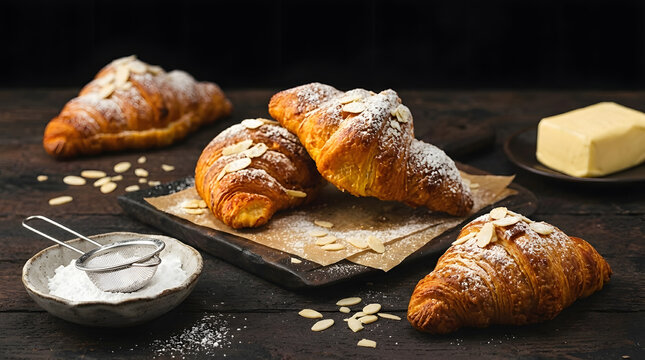 Freshly Baked Almond Croissants Dusted with Powdered Sugar | French Pastry Breakfast on Dark Wooden Table