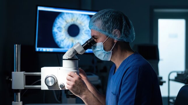 Male surgeon performing eye analysis using specialized microscopy medical tools in modern ophthalmic surgery room environment.