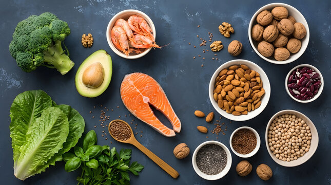 Salmon Steak Seafood and Healthy Nuts on Dark Blue Background | Keto Food Ingredients | Flat Lay Nutrition Concept