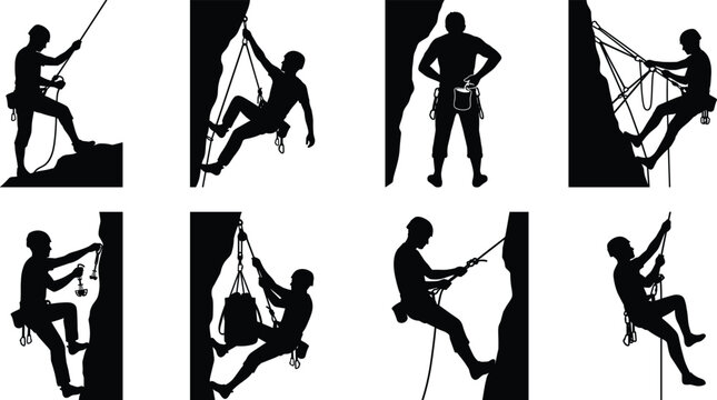 Rock climber silhouette set featuring rappelling and mountaineering action poses