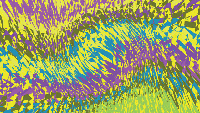 Dynamic digital artwork showing chaotic interwoven jagged shapes in vibrant yellow blue and purple hues creating rhythmic flowing wave movement.