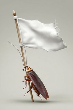 Cockroach Surrender Waving White Flag Close Up Studio Shot Metaphorical Concept of Defeat and Capitulation