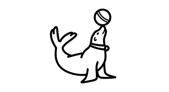 Cute Cartoon Seal Balancing a Ball Line Art Icon