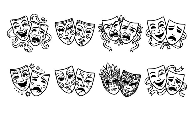Theater Comedy and Tragedy Mask Collection with Dramatic Performance Outline Vector Illustration Icons