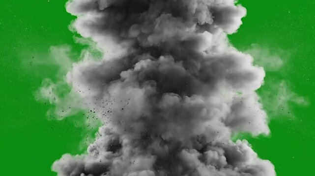 Dramatic dark smoke explosion rising against a vibrant green screen background