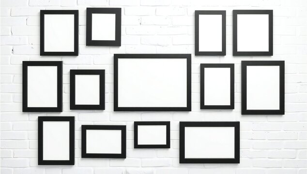 Empty picture frames on brick wall mockup. Minimalist gallery display template for art and photo presentations.