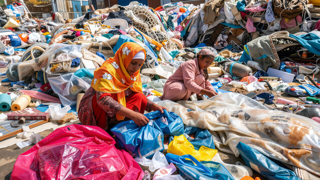 Two girls sorting through a large pile of discarded items