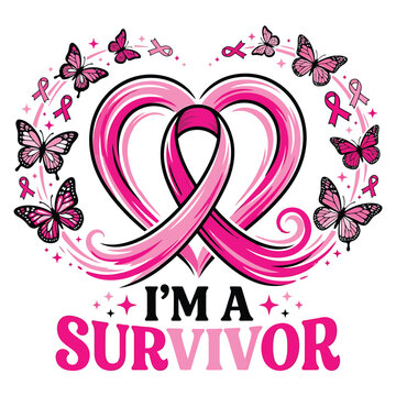 Breast cancer awareness halloween vector design featuring a pink ribbon heart with butterflies and the inspirational text i am a survivor