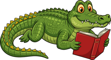 Fototapeta premium Cute cartoon crocodile reading a red book, happy alligator student character, vector illustration for kids education and jungle animal mascot. 