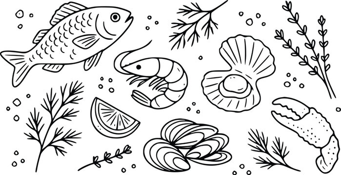 Hand drawn doodle set of fresh seafood with fish shrimp shell crab mussel lemon and herbs for restaurant menu design and food illustration collection