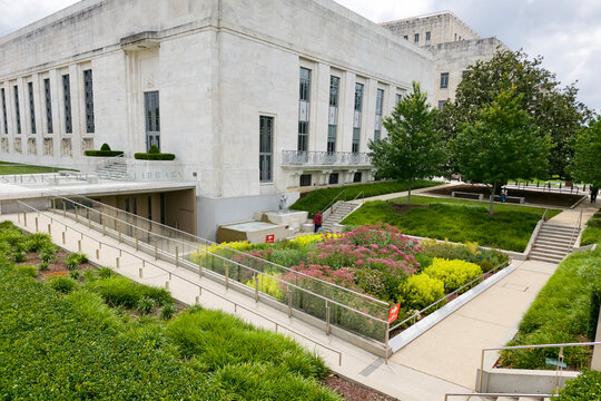 Historic Thomas Jefferson Building Overlooking Landscaped Garden In Washington DC