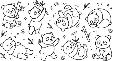 Set of cute panda bear doodle characters in different poses eating bamboo and sleeping drawn in a simple black and white line art style illustration © Arun
