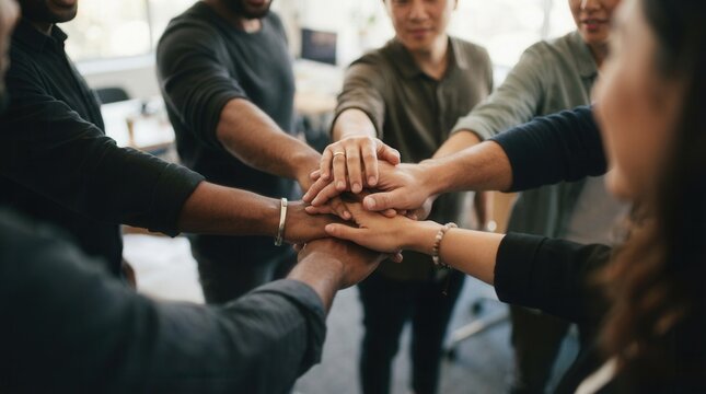 Diverse people with joined hands symbolizing unity as a team