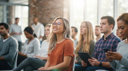 Obraz premium Smiling woman and a diverse group of people attending an educational seminar.