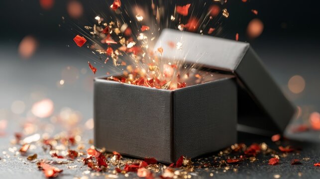 Dark gift box opening with fiery explosion of red confetti and sparkle