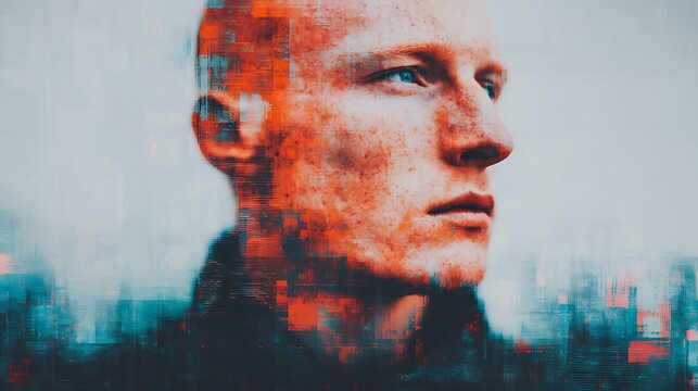 A digital portrait of a man"s face, blending realistic features with abstract, glitch-like pixelated effects in red and blue tones.
