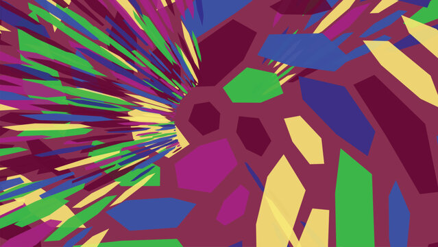 Intricate digital art piece showcasing fragmented sharp crystal shards exploding from center across deep maroon background with neon accents.