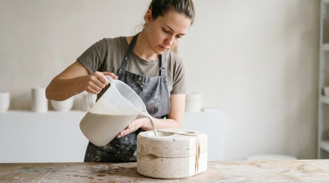 Female ceramic artist pouring liquid clay slip into a plaster mold. Woman making pottery in a bright workshop