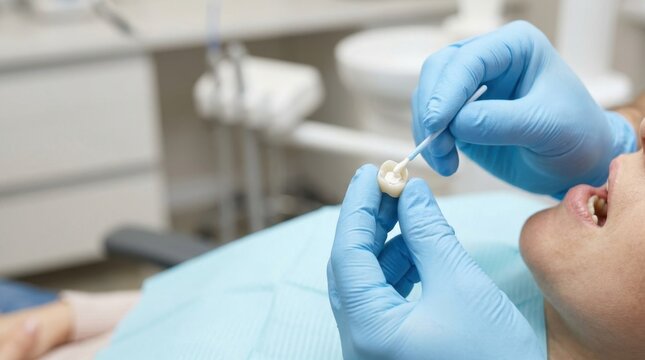 Dentist applying temporary cement to a dental crown. Hands in blue gloves holding artificial tooth and applicator brush. Prosthodontic restoration procedure