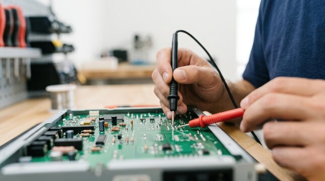 Close up of a technician using multimeter probes to test a green printed circuit board. Electronic hardware repair and troubleshooting