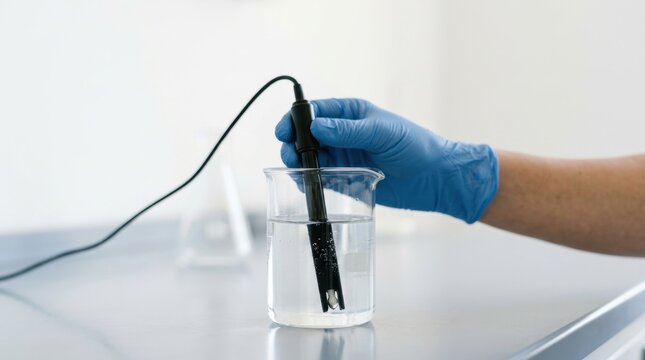 Gloved hand holding a pH meter probe in a glass beaker with clear liquid. Scientific laboratory experiment and water quality testing