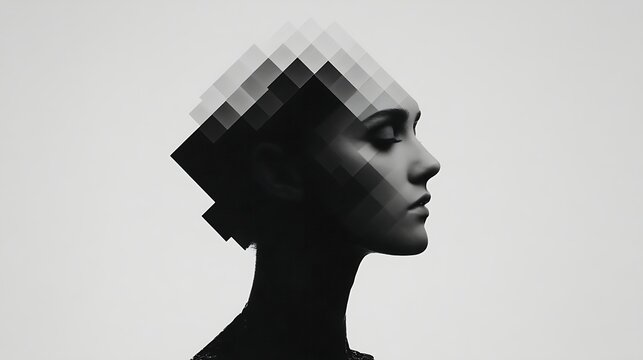 A monochrome artistic portrait of a woman"s side profile with a pixelated, geometric effect distorting the top of her head.