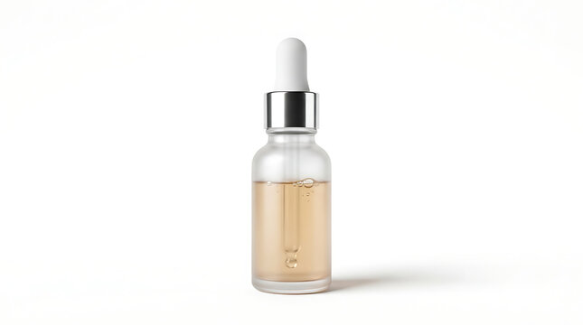 A small glass dropper bottle filled with a golden amber liquid cosmetic serum stands isolated against a white background.