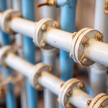 Industrial pipes with flanges and bolts closeup detail shot of aged plumbing system in factory or plant setting