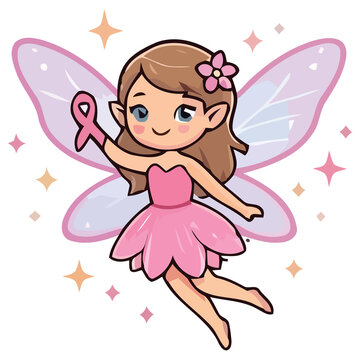 Cute fairy holding a pink ribbon. Breast cancer awareness vector illustration.