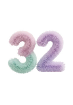 Fluffy number thirty two in pastel pink green and purple