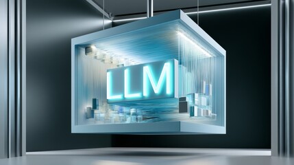 Fototapeta premium Futuristic glowing LLM letters inside suspended transparent box with digital glow