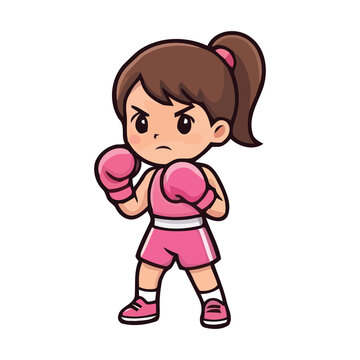 Cute girl boxer in pink gloves. Cartoon female fighter ready for a boxing match.