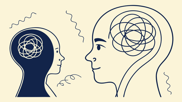 Two human profiles facing each other with tangled thoughts inside their heads, symbolizing communication, mental complexity and psychological connection