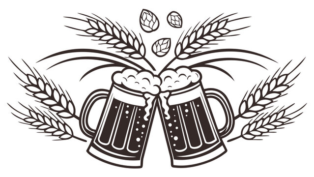 Two clinking beer mugs with foamy drinks, wheat ears, barley grains and hops in a vintage line art illustration celebrating brewing and Oktoberfest