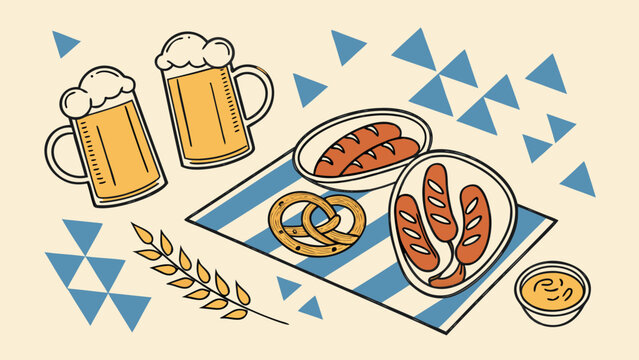 Beer and pretzel with sausages, bread, wheat and mustard in traditional oktoberfest food and drink illustration