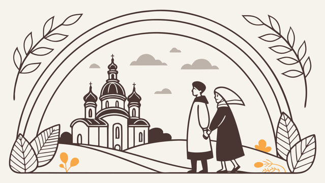 Traditional Ukrainian rural scene with historic church, couple in folk clothing, wheat field and decorative botanical elements in minimalist line art