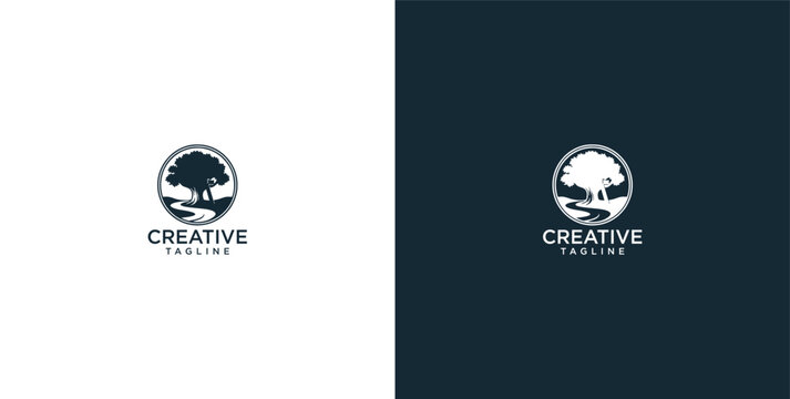 Minimalist circular logo design featuring a stylized tree landscape silhouette perfect for nature conservation environmental and organic branding identity projects
