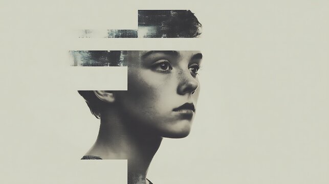 A digital artwork of a woman's side profile with fragmented horizontal bars creating a glitch or distortion effect.
