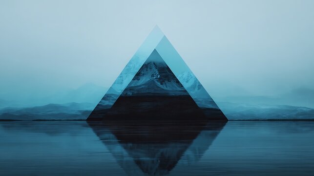 A surreal image of a triangular prism reflecting a mountain and its misty surroundings over calm water.