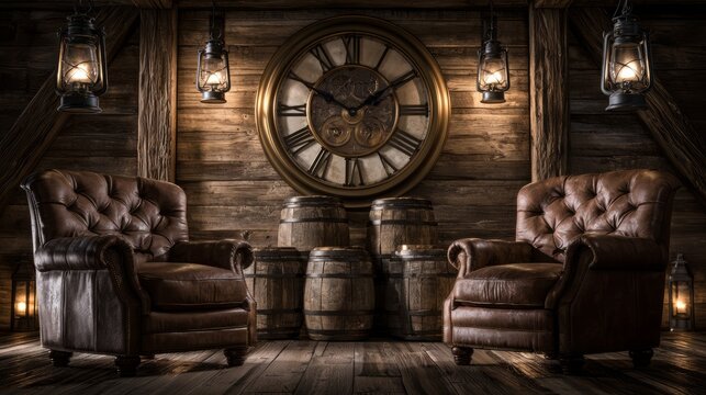Vintage leather armchair seating with wooden barrel decor and large wall clock