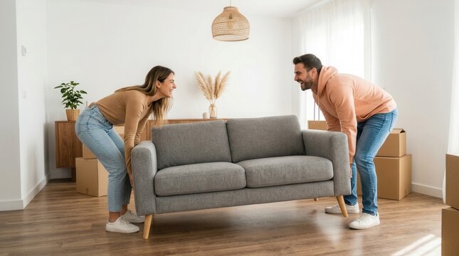 A young couple carries a sofa in a room during their moving day